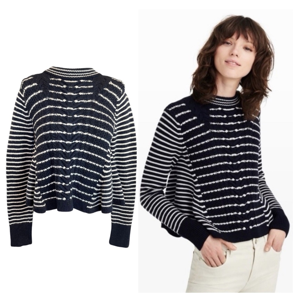 Club Monaco Merino Wool Navy Striped Cable Knit Cropped Truda Sweater